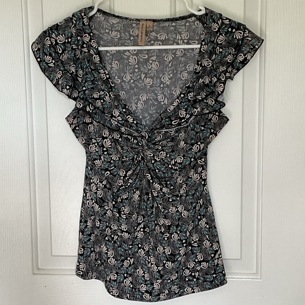 Susan Lawrence Black and Blue Knotted Flutter Sleeve Blouse